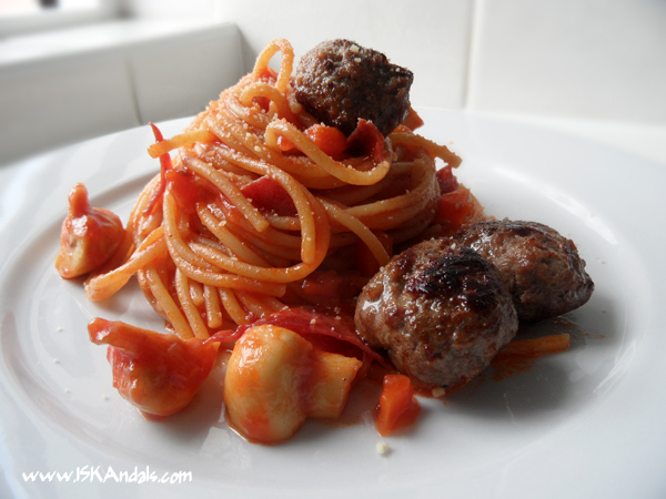 Pinoy Spaghetti with Corned Beef Silverside and Meatballs