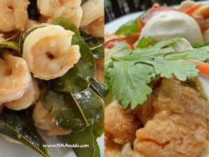 Salted Egg Sauce on Prawns and Slated Egg & Tomato Salad